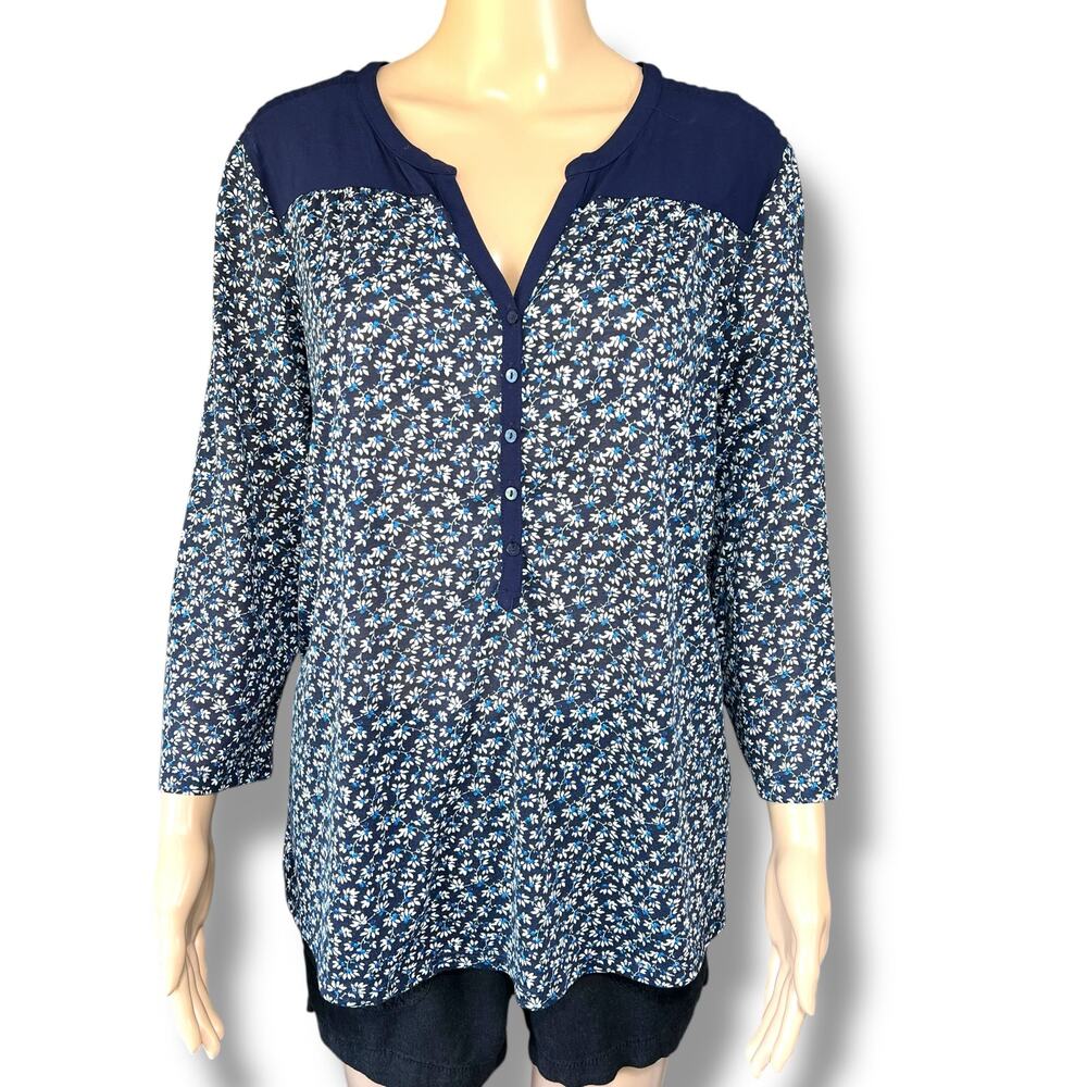 H&M Womens Blouse Top Shirt Blue Floral Print Long Sleeve Henley V Neck Large